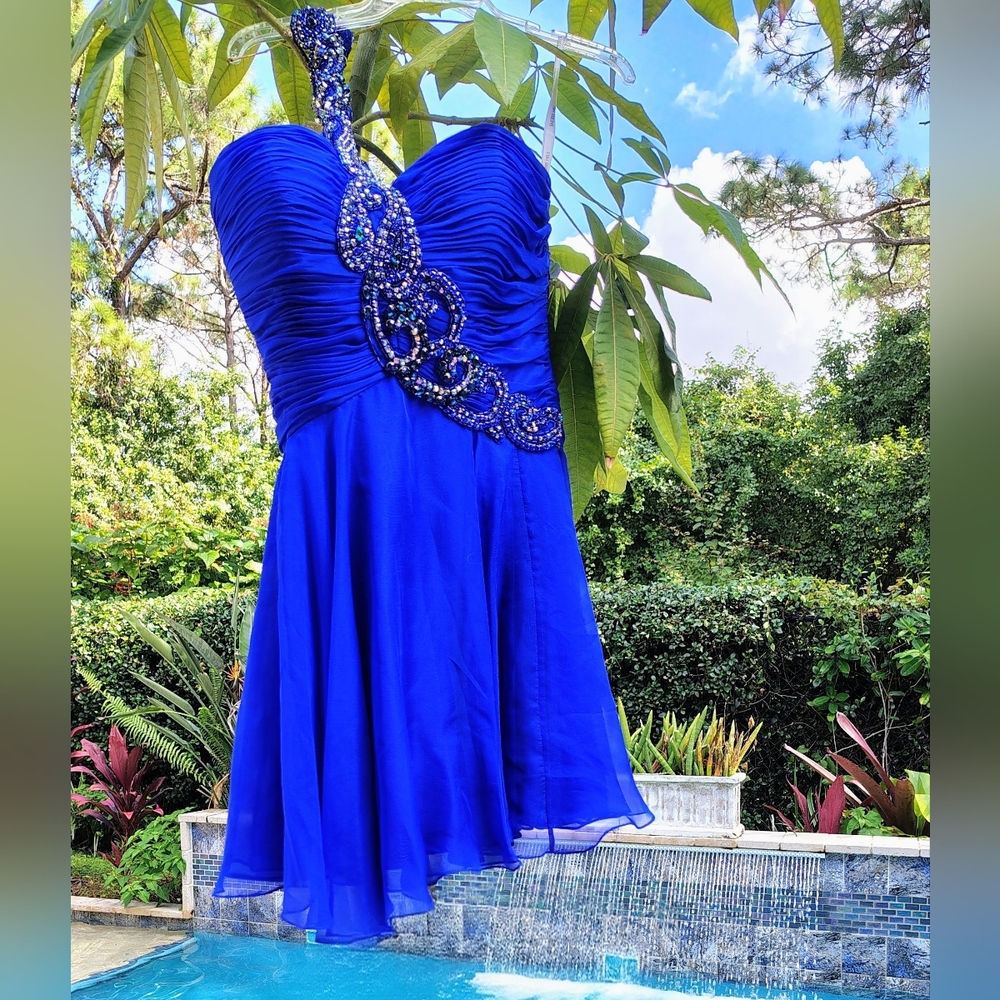 SHERRI HILL GORGEOUS ROYAL BLUE JEWELED ONE SHOULDER COCKTAIL FLARED DRESS Sz 12